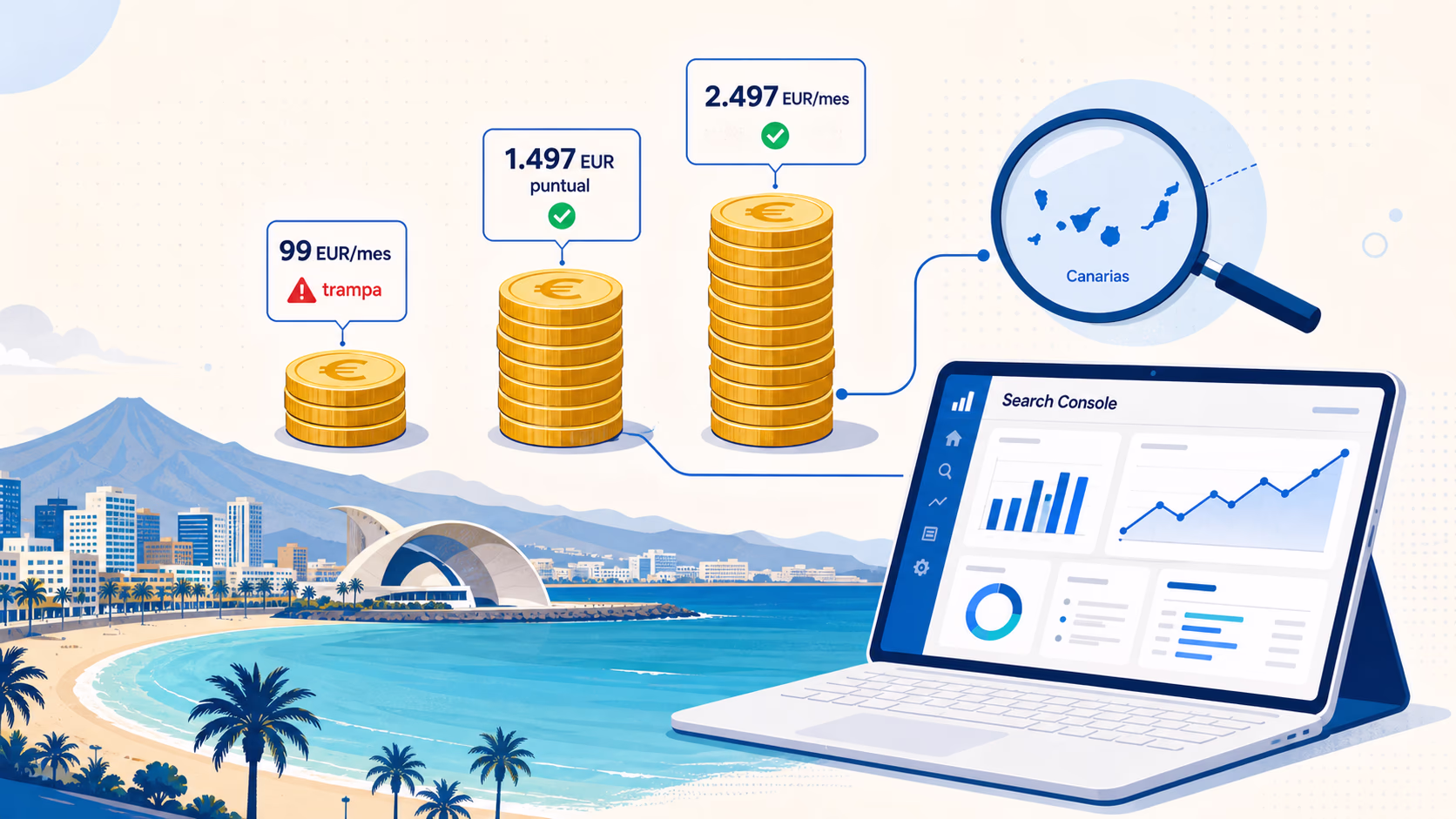 Ilustracion editorial sobre tarifas SEO en Canarias: pilas de monedas con etiquetas 99 EUR/mes (trampa), 1.497 EUR puntual y 2.497 EUR/mes, costa de Las Palmas con palmeras y el Auditorio Alfredo Kraus, lupa sobre el archipielago canario y portatil mostrando Google Search Console con grafico de crecimiento.