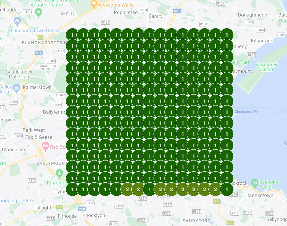 Pure Green local map ranking grid for Madison, Wisconsin — green positions across a 1-3 mile radius