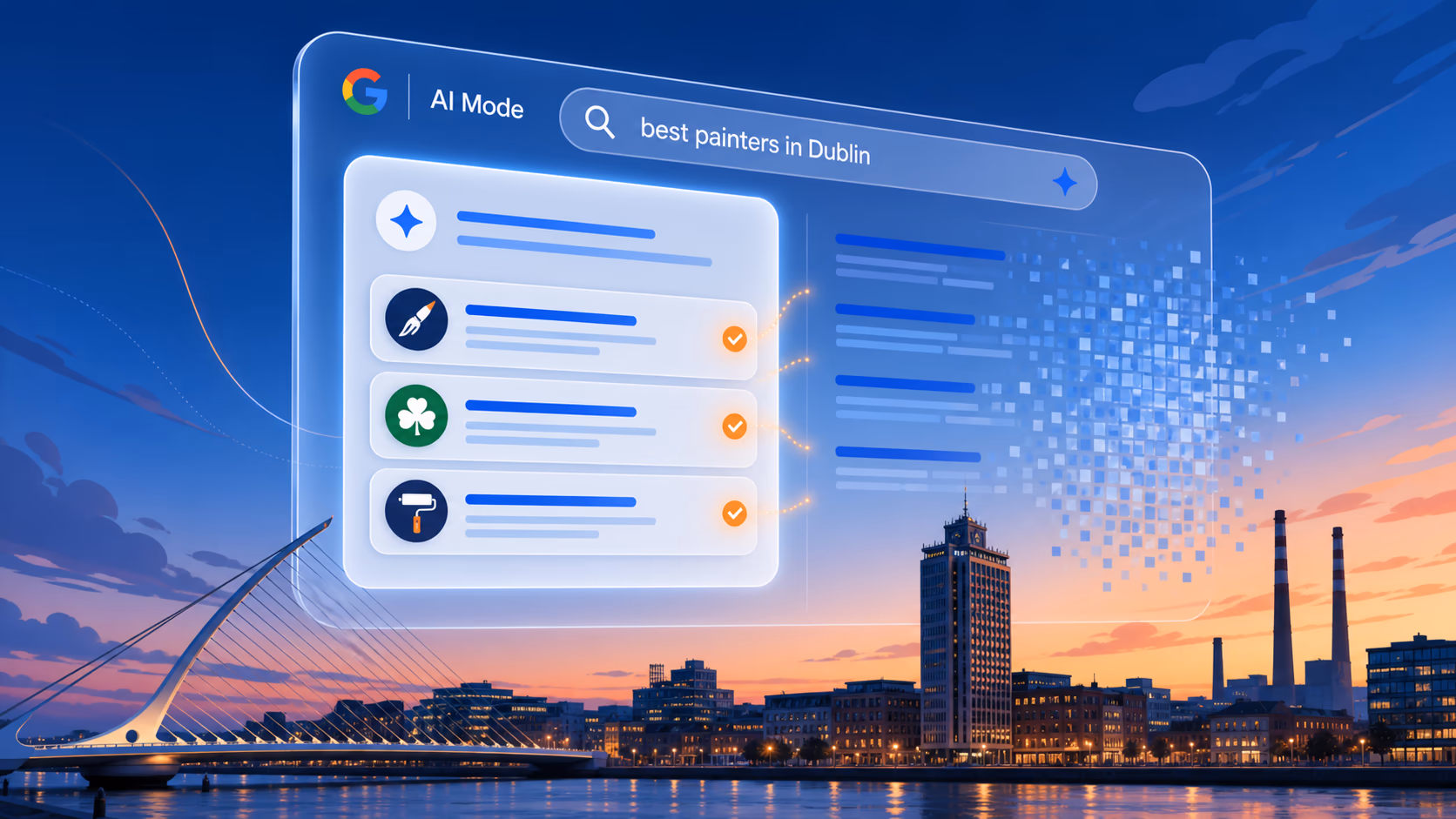 Stylised Google AI Mode interface floating above the Dublin skyline at dusk, with the Samuel Beckett Bridge visible — showing a 'best painters in Dublin' query with three local businesses surfaced as results.