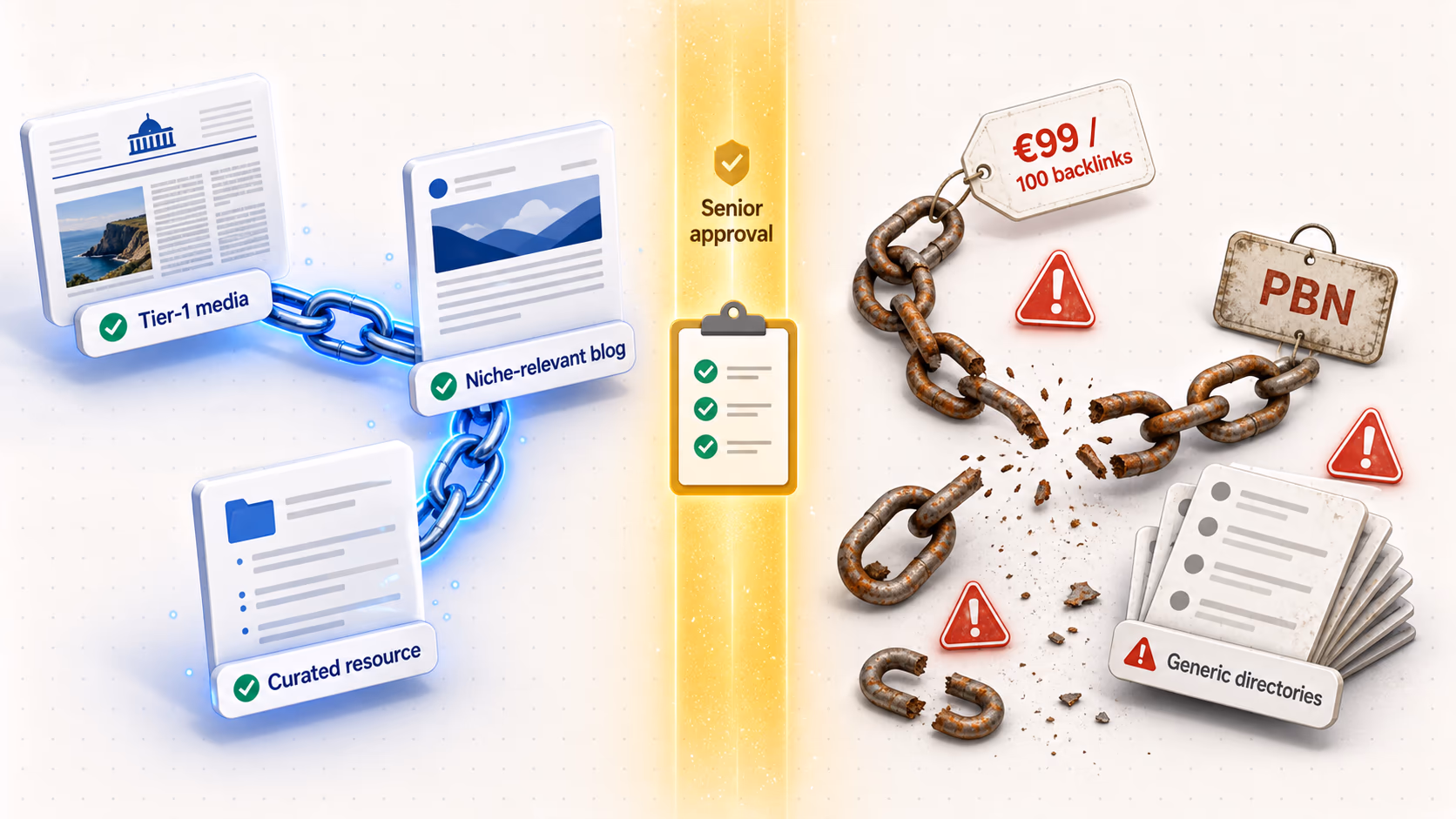 Side-by-side contrast of good link building vs bad. Left side shows clean editorial links chained together: a Tier-1 media card, a Niche-relevant blog card, and a Curated resource card, all approved by a 'Senior approval' checklist clipboard, marked with green checkmarks. Right side shows red warning flags around link-farm tactics: a rusty broken chain, a price tag reading '€99 / 100 backlinks', a 'PBN' warning sign, and a stack of 'Generic directories', all marked with red warning triangles.