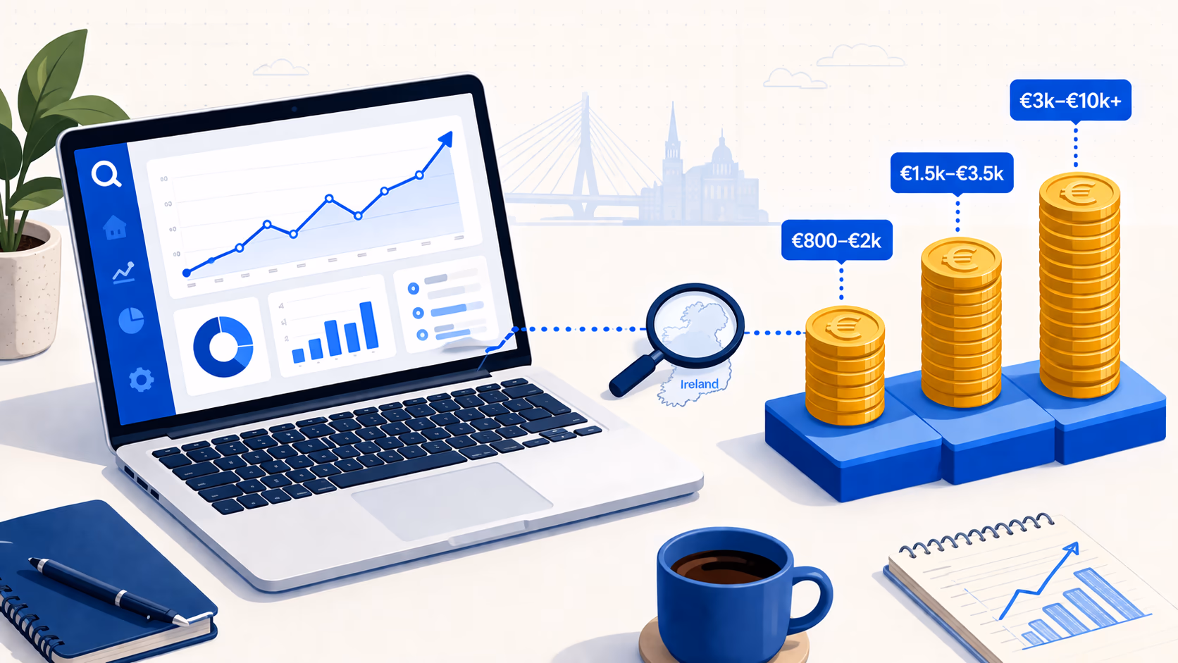 Conceptual illustration of SEO costs in Ireland: a laptop showing an SEO analytics dashboard with rising traffic charts, a magnifying glass over a map of Ireland, and three ascending stacks of euro coins labelled €800-€2k, €1.5k-€3.5k, and €3k-€10k+, representing the three main monthly SEO budget tiers for Irish businesses.
