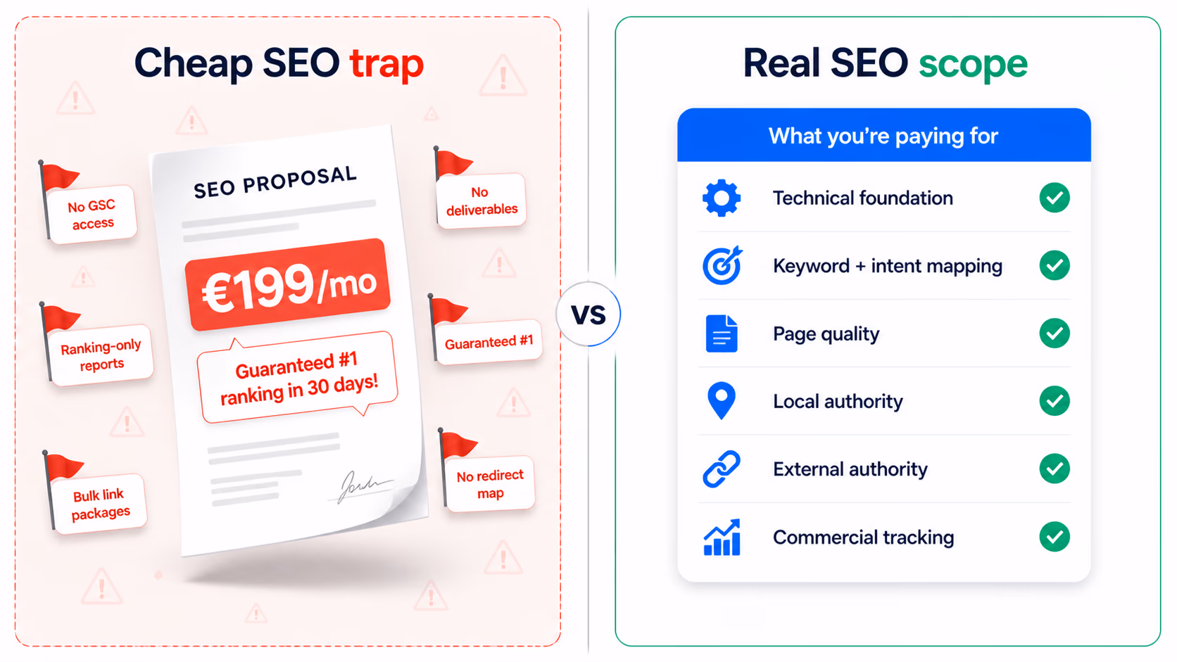 Side-by-side comparison labelled 'Cheap SEO trap' vs 'Real SEO scope'. Left panel shows a €199/mo SEO proposal with 'Guaranteed #1 ranking in 30 days!' surrounded by red warning flags: No GSC access, Ranking-only reports, Bulk link packages, No deliverables, Guaranteed #1, No redirect map. Right panel shows a checklist of real SEO scope items with green checkmarks: Technical foundation, Keyword + intent mapping, Page quality, Local authority, External authority, Commercial tracking.