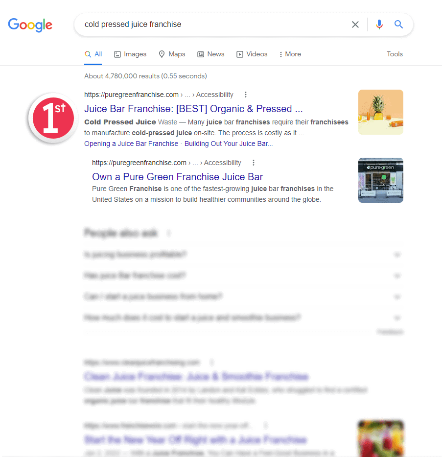 result on SERP with SEO organic traffic