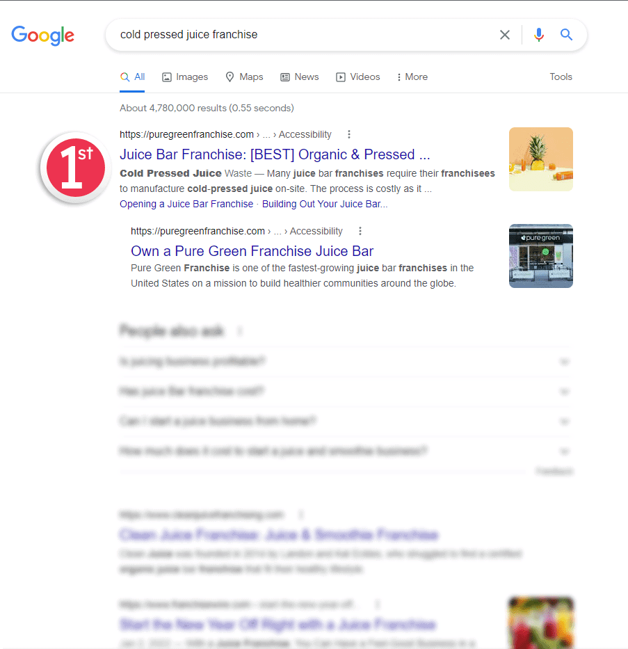 result on SERP with SEO organic traffic