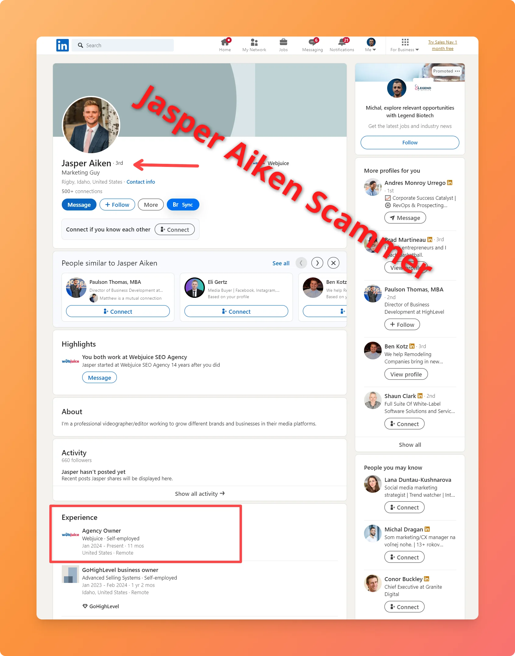 Jasper Aiken scammer on Linkedin profile