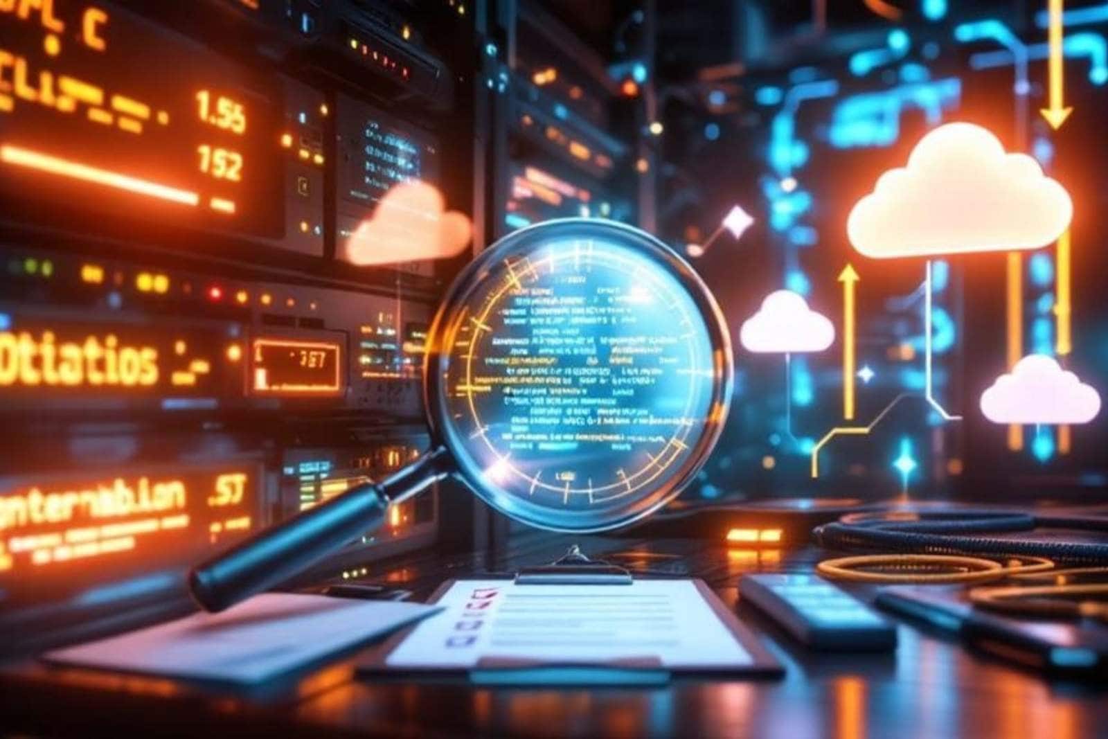 Cloud data analysis and server monitoring with magnifying glass in data center.